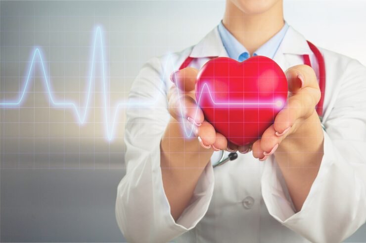 female medical doctor holding red heart shape hand with graphic heart beat 488220 17874