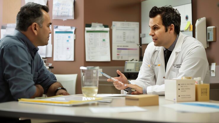 male oncologist explaining treatment option cancer patient surrounded oncology chart chemotherapy 1289822 9995