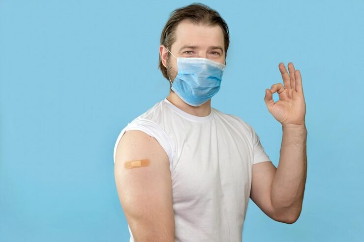 successful covid19 vaccination vaccinated man gesturing okay showing arm with bandage aid 497537 128
